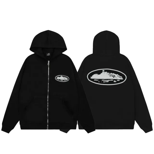 Black Graphic Zip-Up Hoodie with Kangaroo Pocket
