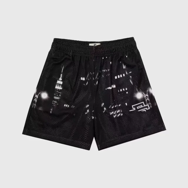 City Skyline Print Mesh Shorts Holey Black