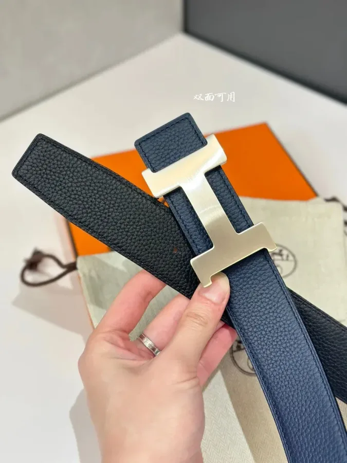Hermès H Belt Navy/Black Reversible with Brushed Silver Buckle