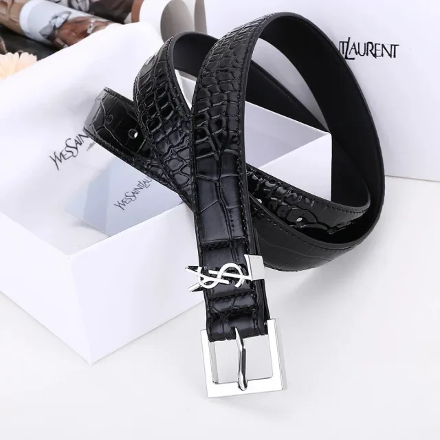 Saint Laurent Monogram Black with Silver Buckle Belt