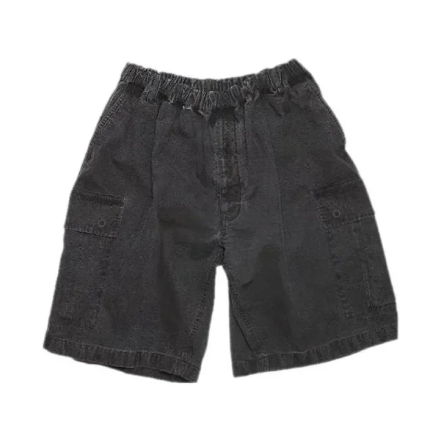 Solid Black Elastic Waist Cargo Shorts